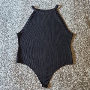 AE Ribbed Waffle High Neck Racerback Bodysuit in Black